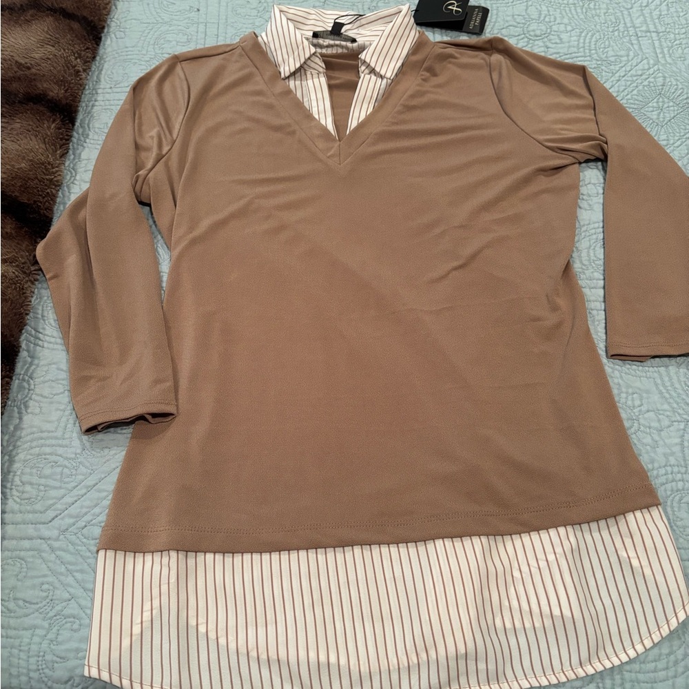 Adrianna Papell Taupe Layered Button Down Shirt
